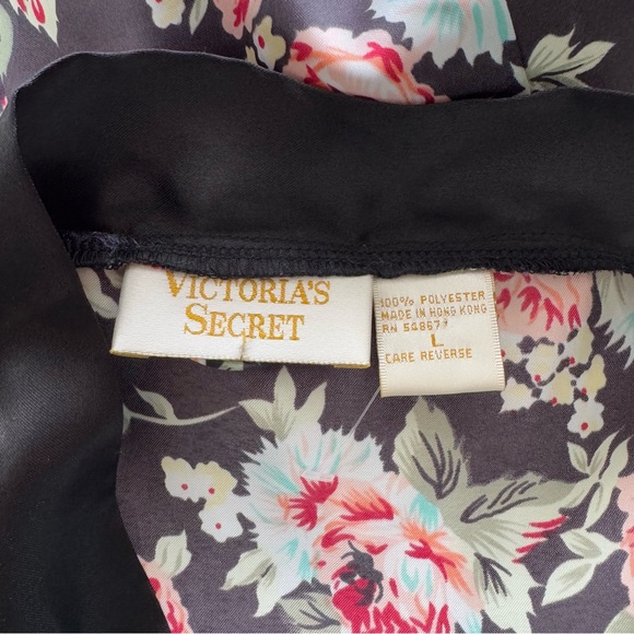 Vintage 80s Victoria's Secret Gold Label Black Pink Floral Sheer Satin Robe L - Picture 3 of 3